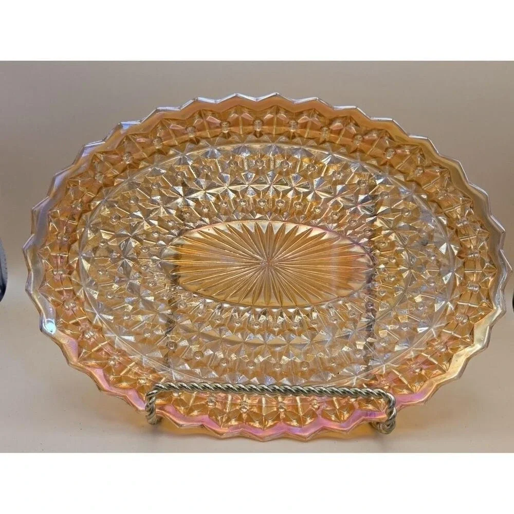 Vtg Serving Platter Jeannette Oval Glass Iridescent Buttons & Bows 11.5